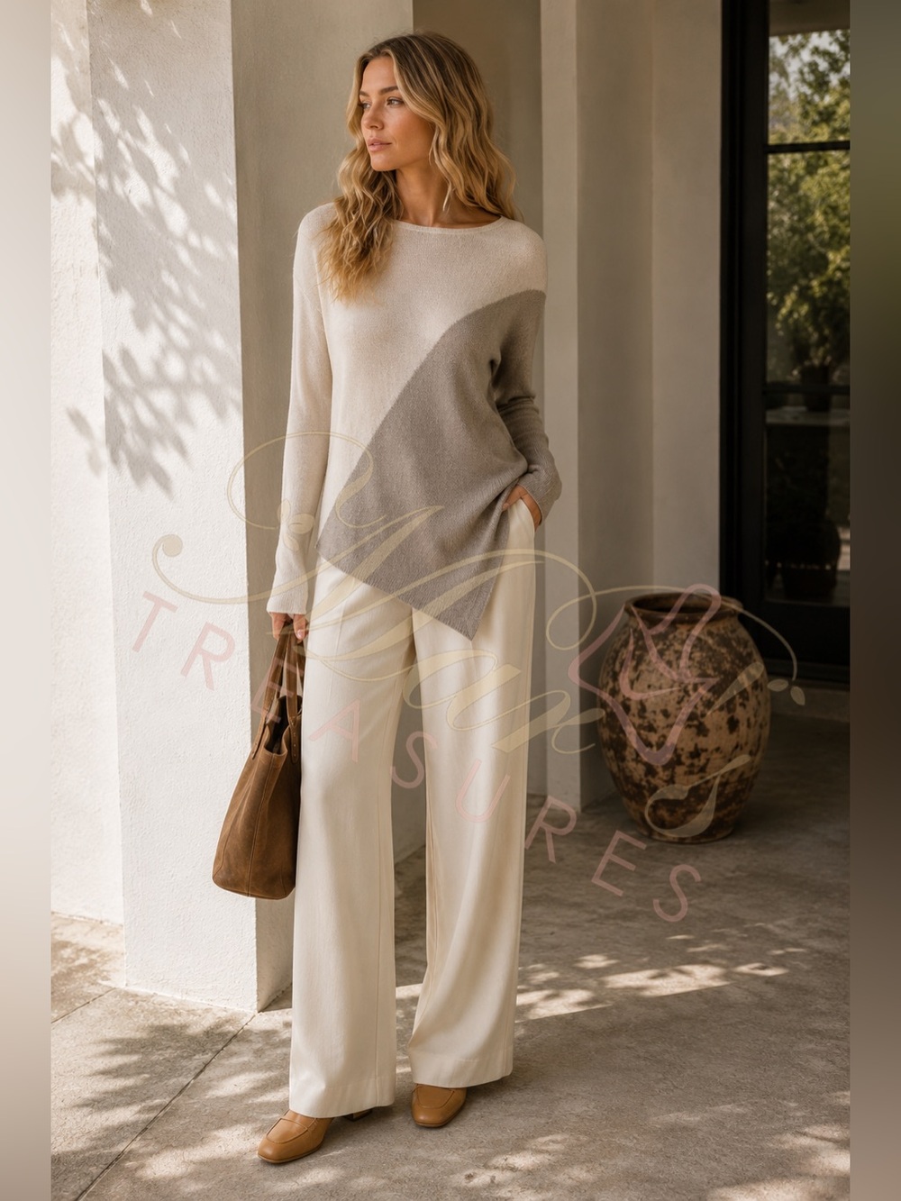 Alice + Olivia Cream Taupe Colorblock Asymmetrical Knit Sweater Top